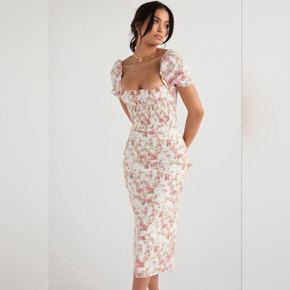 Nwt House of CB Bellucci Rose Floral Print Shirred Midi‎ Sundress XL - Picture 3 of 10